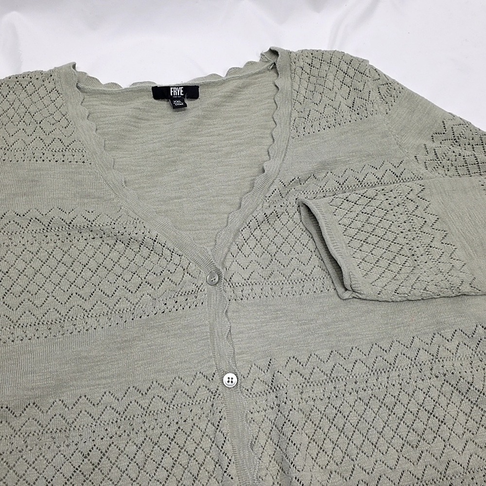 Frye Cardigan Womens XXL Sage Green Pointelle Knit Scalloped V-Neck Cotton